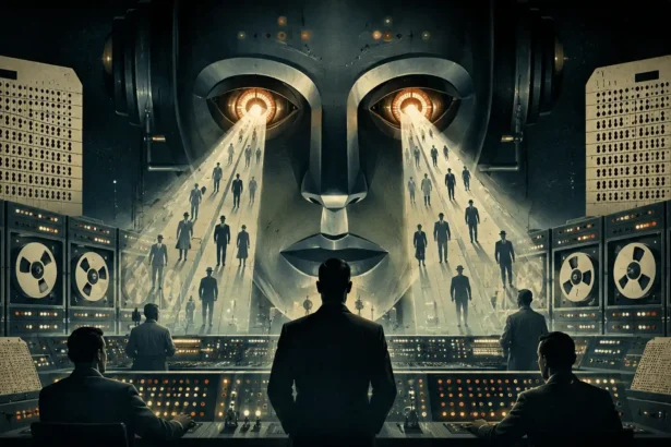 Dystopická retrofuturistická vízia umelej inteligencie zo šesťdesiatych rokov, kde obrovská mechanická AI tvár dohliada na ľudí v miestnosti plnej starých počítačov, páskových jednotiek a ovládacích panelov.