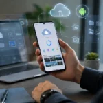 Používateľ kontroluje cloudové úložisko na Android telefóne pri pracovnom stole, okolo mobilu sú vizuálne vrstvy dát, záloh, priečinkov a synchronizácie s cloudom.