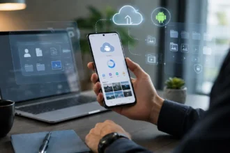 Používateľ kontroluje cloudové úložisko na Android telefóne pri pracovnom stole, okolo mobilu sú vizuálne vrstvy dát, záloh, priečinkov a synchronizácie s cloudom.