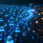 Abstraktný technologický vizuál internetovej prevádzky, v ktorom husté automatizované dátové toky prevažujú nad menším počtom ľudských používateľov.