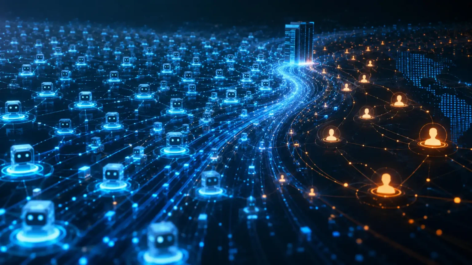 Abstraktný technologický vizuál internetovej prevádzky, v ktorom husté automatizované dátové toky prevažujú nad menším počtom ľudských používateľov.