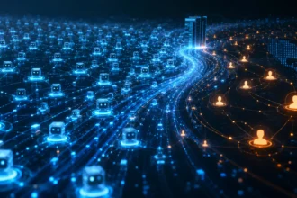 Abstraktný technologický vizuál internetovej prevádzky, v ktorom husté automatizované dátové toky prevažujú nad menším počtom ľudských používateľov.