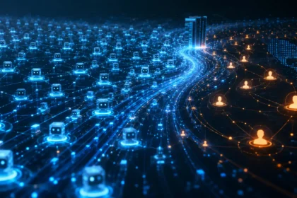 Abstraktný technologický vizuál internetovej prevádzky, v ktorom husté automatizované dátové toky prevažujú nad menším počtom ľudských používateľov.