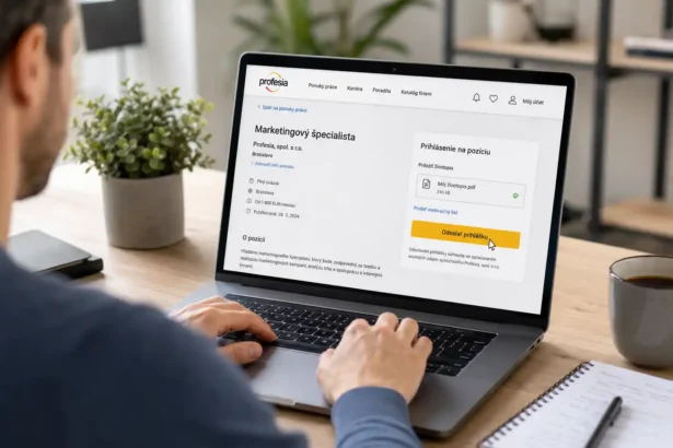 Uchádzač o prácu sedí pri notebooku a cez pracovný portál Profesia.sk odosiela svoje CV firme ako súčasť online prihlášky na pracovnú pozíciu.