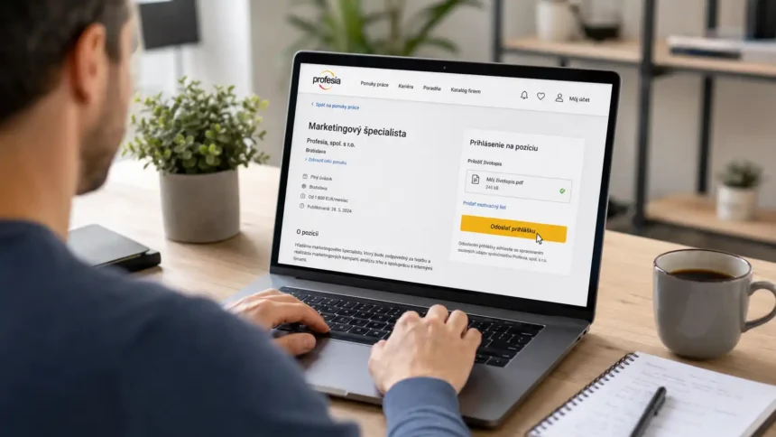 Uchádzač o prácu sedí pri notebooku a cez pracovný portál Profesia.sk odosiela svoje CV firme ako súčasť online prihlášky na pracovnú pozíciu.