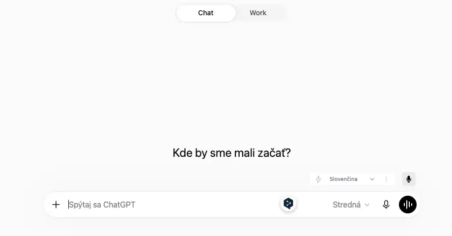 Nové rozhranie ChatGPT s prepínačom Chat a Work v hornej časti obrazovky.