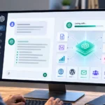 Pohľad na moderný pracovný stôl s veľkým monitorom zobrazujúcim rozhranie AI asistenta. Na obrazovke sú znázornené prepojené digitálne moduly, dokumenty a proces ukladania GPT skills ako súčasť automatizovaného pracovného workflow.