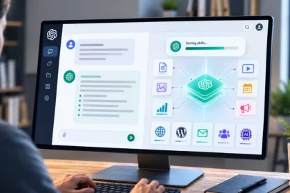 Pohľad na moderný pracovný stôl s veľkým monitorom zobrazujúcim rozhranie AI asistenta. Na obrazovke sú znázornené prepojené digitálne moduly, dokumenty a proces ukladania GPT skills ako súčasť automatizovaného pracovného workflow.