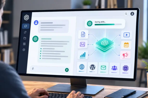 Pohľad na moderný pracovný stôl s veľkým monitorom zobrazujúcim rozhranie AI asistenta. Na obrazovke sú znázornené prepojené digitálne moduly, dokumenty a proces ukladania GPT skills ako súčasť automatizovaného pracovného workflow.
