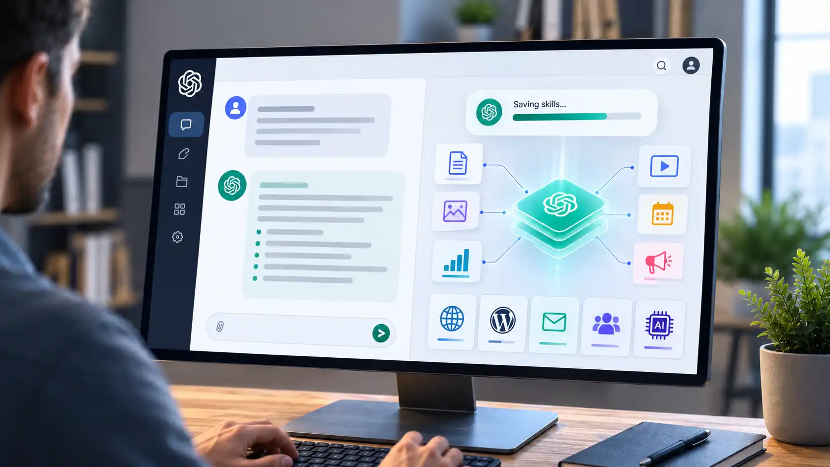 Pohľad na moderný pracovný stôl s veľkým monitorom zobrazujúcim rozhranie AI asistenta. Na obrazovke sú znázornené prepojené digitálne moduly, dokumenty a proces ukladania GPT skills ako súčasť automatizovaného pracovného workflow.