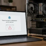 Notebook s chybovou hláškou WordPressu „There has been a critical error on this website“ pri otvorenom počítači počas technickej opravy webu.