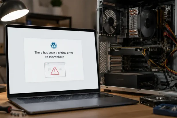 Notebook s chybovou hláškou WordPressu „There has been a critical error on this website“ pri otvorenom počítači počas technickej opravy webu.