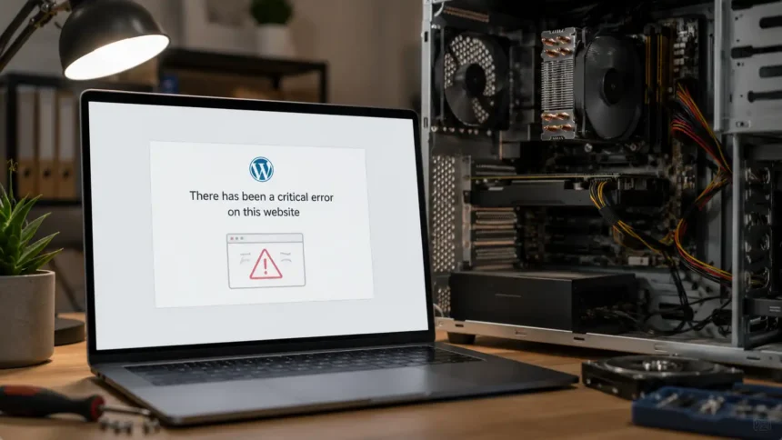 Notebook s chybovou hláškou WordPressu „There has been a critical error on this website“ pri otvorenom počítači počas technickej opravy webu.