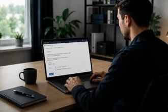 Muž pri notebooku píše e-mail so žiadosťou o prijatie do zamestnania a prikladá životopis so sprievodným listom.