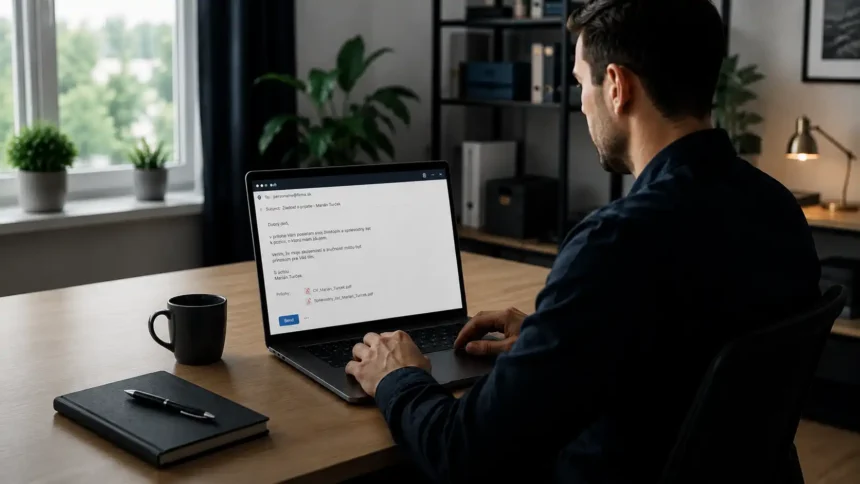 Muž pri notebooku píše e-mail so žiadosťou o prijatie do zamestnania a prikladá životopis so sprievodným listom.