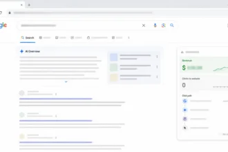 Realistický náhľad výsledkov Google Search s AI Overview hore a vrstvou analytiky, ktorá naznačuje presné tržby, ale neúplné kliky na weby.