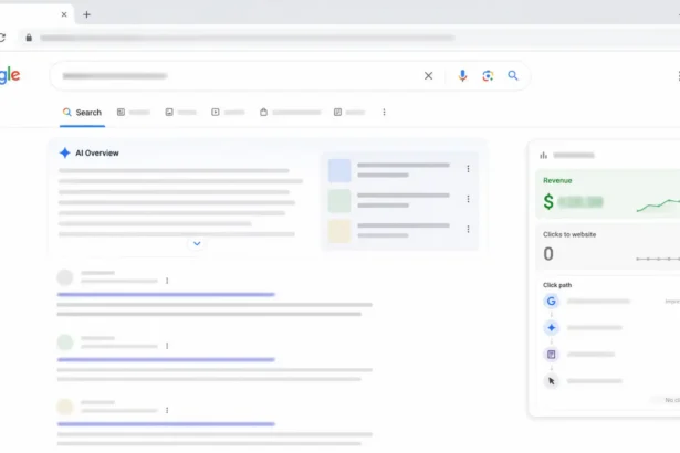 Realistický náhľad výsledkov Google Search s AI Overview hore a vrstvou analytiky, ktorá naznačuje presné tržby, ale neúplné kliky na weby.