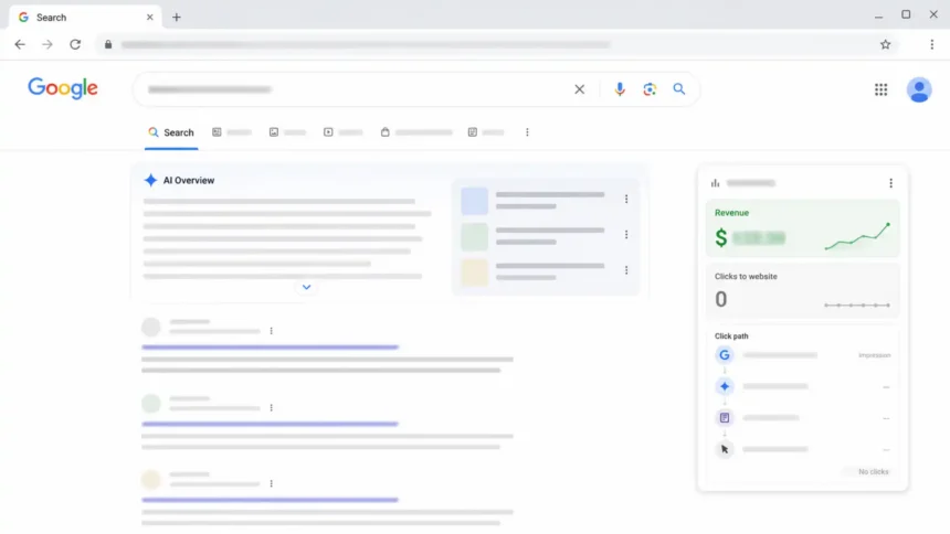 Realistický náhľad výsledkov Google Search s AI Overview hore a vrstvou analytiky, ktorá naznačuje presné tržby, ale neúplné kliky na weby.