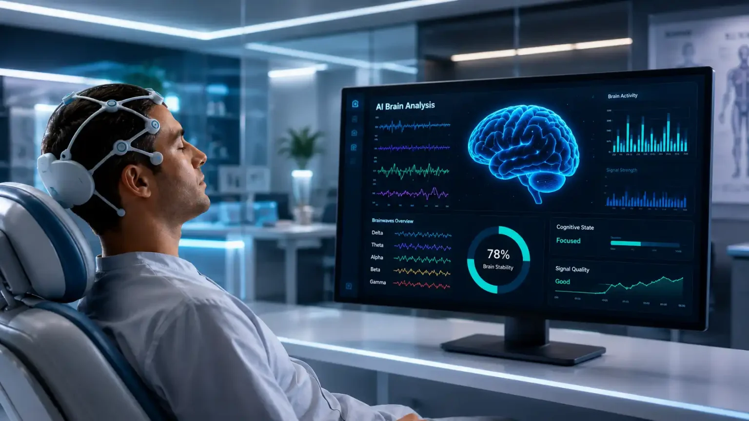 Pacient s neinvazívnym EEG headsetom sedí v modernom medicínskom laboratóriu, zatiaľ čo umelá inteligencia v reálnom čase analyzuje mozgovú aktivitu na veľkom monitore pomocou grafov, EEG kriviek a 3D modelu mozgu.
