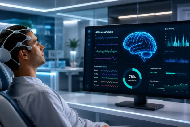 Pacient s neinvazívnym EEG headsetom sedí v modernom medicínskom laboratóriu, zatiaľ čo umelá inteligencia v reálnom čase analyzuje mozgovú aktivitu na veľkom monitore pomocou grafov, EEG kriviek a 3D modelu mozgu.