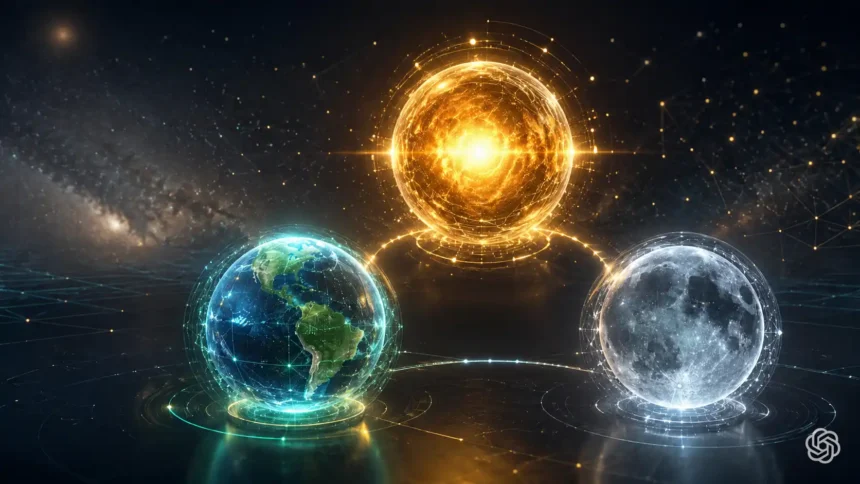 Ilustračný technologický vizuál troch prepojených svetelných sfér symbolizujúcich modely Sol, Terra a Luna s decentným logom ChatGPT.