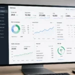 Realistický SEO analytický dashboard zobrazený na monitore s grafmi organickej návštevnosti, pozícií vo vyhľadávaní, spätných odkazov, kľúčových slov a výsledkov auditu webu.