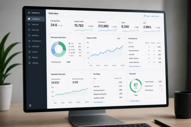 Realistický SEO analytický dashboard zobrazený na monitore s grafmi organickej návštevnosti, pozícií vo vyhľadávaní, spätných odkazov, kľúčových slov a výsledkov auditu webu.