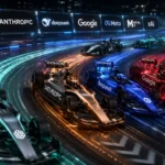 Futuristická ilustračná snímka zobrazujúca preteky popredných AI spoločností na digitálnom okruhu. Formula monoposty reprezentujú OpenAI, Anthropic, DeepSeek, Google, Meta, xAI a Mistral AI, pričom za nimi zostávajú farebné svetelné stopy symbolizujúce rýchly vývoj jazykových modelov.