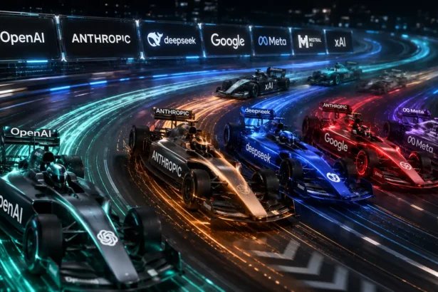 Futuristická ilustračná snímka zobrazujúca preteky popredných AI spoločností na digitálnom okruhu. Formula monoposty reprezentujú OpenAI, Anthropic, DeepSeek, Google, Meta, xAI a Mistral AI, pričom za nimi zostávajú farebné svetelné stopy symbolizujúce rýchly vývoj jazykových modelov.