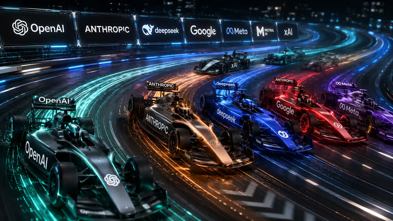 Futuristická ilustračná snímka zobrazujúca preteky popredných AI spoločností na digitálnom okruhu. Formula monoposty reprezentujú OpenAI, Anthropic, DeepSeek, Google, Meta, xAI a Mistral AI, pričom za nimi zostávajú farebné svetelné stopy symbolizujúce rýchly vývoj jazykových modelov.