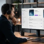Muž so slúchadlami počúva podcast pri pracovnom stole a sleduje otvorenú aplikáciu Apple Podcasts na monitore.