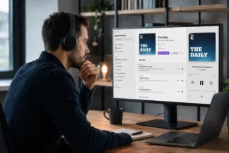 Muž so slúchadlami počúva podcast pri pracovnom stole a sleduje otvorenú aplikáciu Apple Podcasts na monitore.