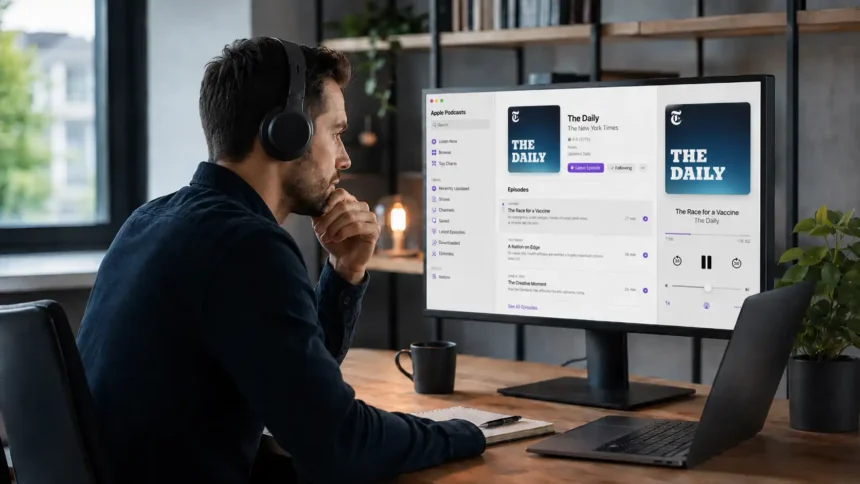 Muž so slúchadlami počúva podcast pri pracovnom stole a sleduje otvorenú aplikáciu Apple Podcasts na monitore.