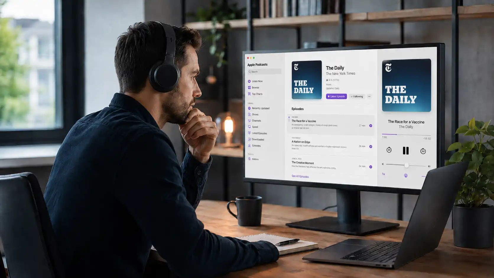Muž so slúchadlami počúva podcast pri pracovnom stole a sleduje otvorenú aplikáciu Apple Podcasts na monitore.