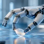 Humanoidná robotická ruka s vysokou presnosťou jemne drží krehký sklenený predmet v modernom laboratóriu. Detail zdôrazňuje pokročilé senzory, precíznu manipuláciu a vývoj novej generácie robotiky.