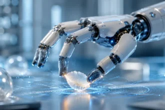 Humanoidná robotická ruka s vysokou presnosťou jemne drží krehký sklenený predmet v modernom laboratóriu. Detail zdôrazňuje pokročilé senzory, precíznu manipuláciu a vývoj novej generácie robotiky.