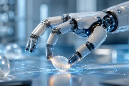 Humanoidná robotická ruka s vysokou presnosťou jemne drží krehký sklenený predmet v modernom laboratóriu. Detail zdôrazňuje pokročilé senzory, precíznu manipuláciu a vývoj novej generácie robotiky.