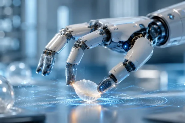 Humanoidná robotická ruka s vysokou presnosťou jemne drží krehký sklenený predmet v modernom laboratóriu. Detail zdôrazňuje pokročilé senzory, precíznu manipuláciu a vývoj novej generácie robotiky.
