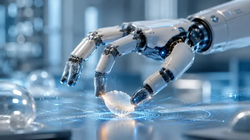 Humanoidná robotická ruka s vysokou presnosťou jemne drží krehký sklenený predmet v modernom laboratóriu. Detail zdôrazňuje pokročilé senzory, precíznu manipuláciu a vývoj novej generácie robotiky.