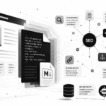 Čiernobiela technologická ilustrácia webovej stránky, markdown súborov a SEO znalostného grafu s prepojenými dátami, štruktúrovanými informáciami, entitami a AI agentmi.
