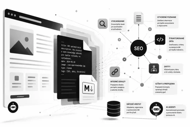 Čiernobiela technologická ilustrácia webovej stránky, markdown súborov a SEO znalostného grafu s prepojenými dátami, štruktúrovanými informáciami, entitami a AI agentmi.