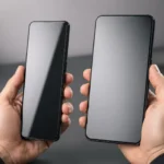 Dva neznačkové smartfóny rôznej šírky držané v rukách, so zameraním na displej a ergonómiu používania.