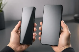 Dva neznačkové smartfóny rôznej šírky držané v rukách, so zameraním na displej a ergonómiu používania.