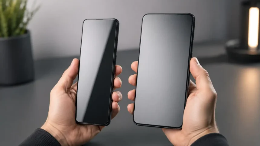 Dva neznačkové smartfóny rôznej šírky držané v rukách, so zameraním na displej a ergonómiu používania.
