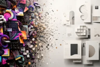 3D vizuál zobrazujúci kontrast medzi chaotickým vizuálnym smogom plným farieb, tvarov a rozbitých písmen na jednej strane a pokojnou, čistou typografickou kompozíciou na druhej strane.
