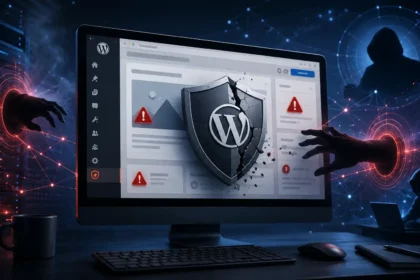 Ilustračná snímka zobrazujúca napadnutý WordPress web s narušeným bezpečnostným štítom a útočníkmi zneužívajúcimi kritické zraniteľnosti.