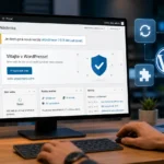 Vývojár pracuje vo WordPress administrácii v slovenskom jazyku, na monitore je zobrazené upozornenie na dostupnú aktualizáciu WordPressu, zatiaľ čo v pozadí sú prvky symbolizujúce bezpečnosť, kompatibilitu a správu webu.