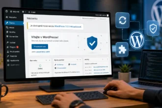 Vývojár pracuje vo WordPress administrácii v slovenskom jazyku, na monitore je zobrazené upozornenie na dostupnú aktualizáciu WordPressu, zatiaľ čo v pozadí sú prvky symbolizujúce bezpečnosť, kompatibilitu a správu webu.