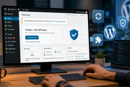 Vývojár pracuje vo WordPress administrácii v slovenskom jazyku, na monitore je zobrazené upozornenie na dostupnú aktualizáciu WordPressu, zatiaľ čo v pozadí sú prvky symbolizujúce bezpečnosť, kompatibilitu a správu webu.