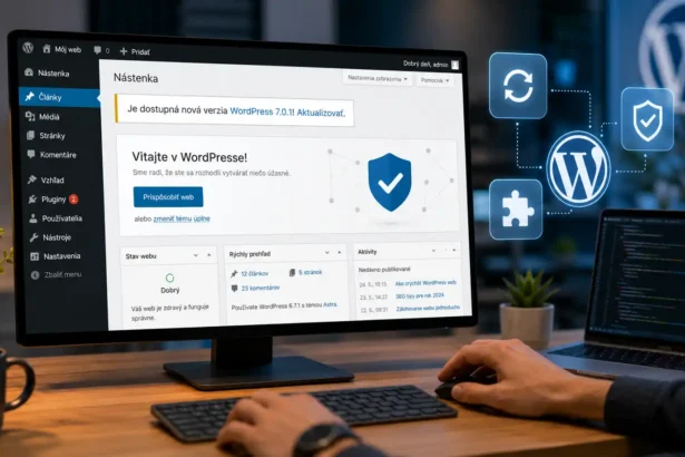 Vývojár pracuje vo WordPress administrácii v slovenskom jazyku, na monitore je zobrazené upozornenie na dostupnú aktualizáciu WordPressu, zatiaľ čo v pozadí sú prvky symbolizujúce bezpečnosť, kompatibilitu a správu webu.